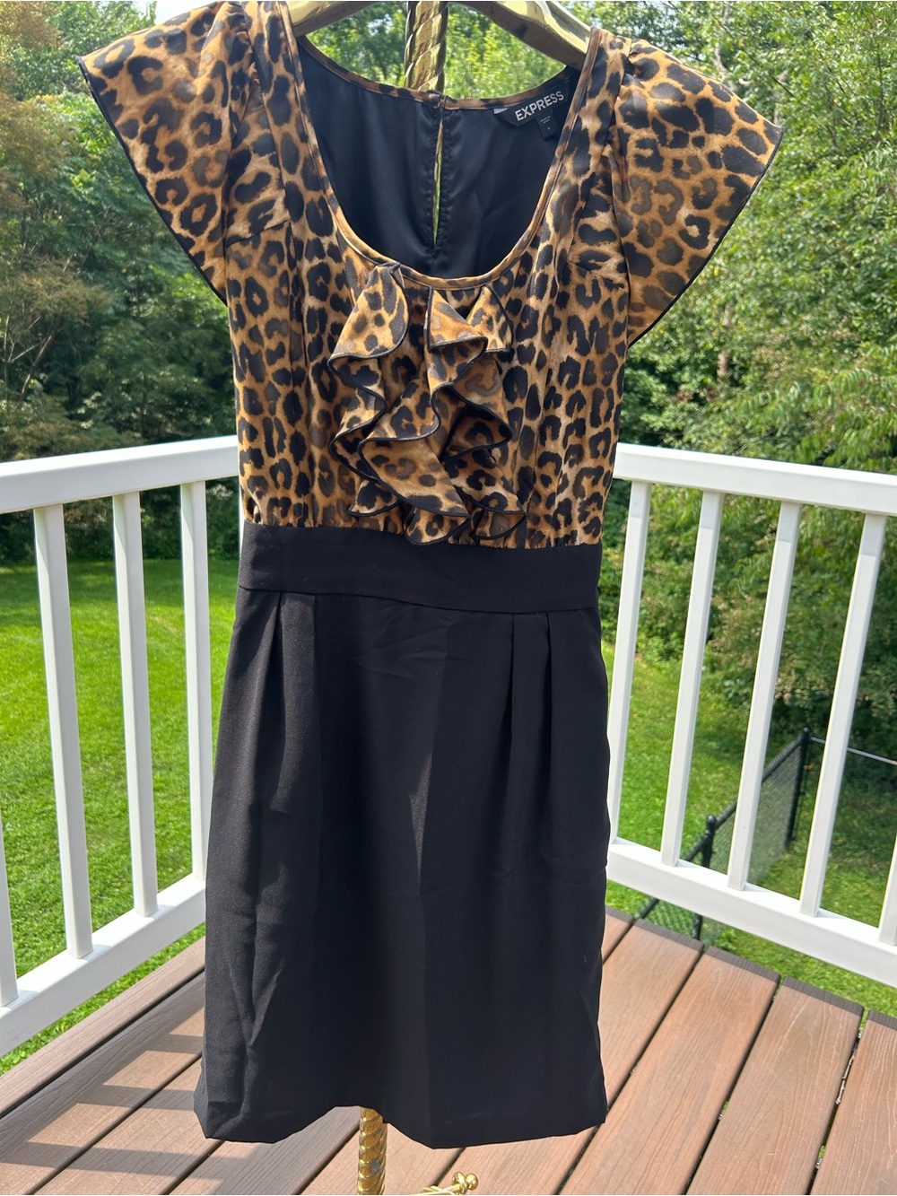 Express Leopard Print Ruffle Bodice Black Dress